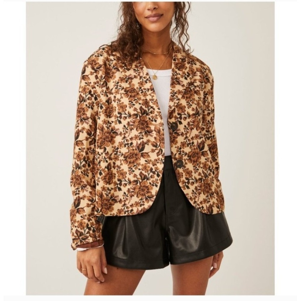 Free People Cali Floral Print Boxy Single Breasted Blazer Sand Sable Size L $168